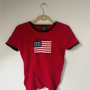 Ralph Lauren Red Knit Tee with Flag Motif